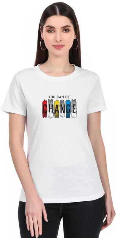 Women Typography Round Neck Reversible Pure Cotton White T-Shirt