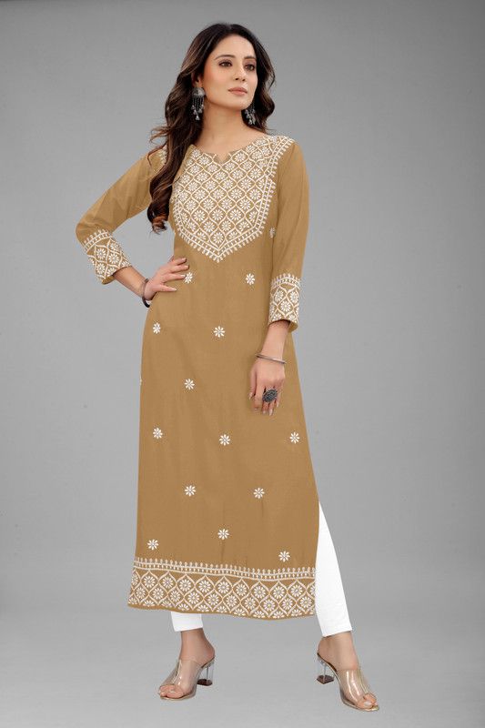 Women Embroidered Cotton Rayon Straight Kurta  (Multicolor)