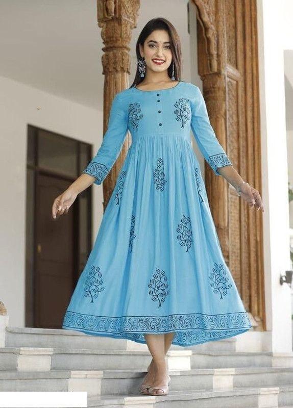 Women Block Print Viscose Rayon Anarkali Kurta  (Blue)