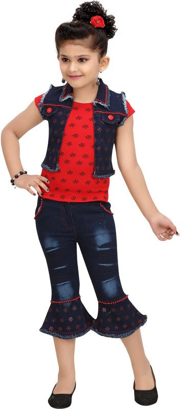 Girls Party(Festive) Top Capri  (Red)