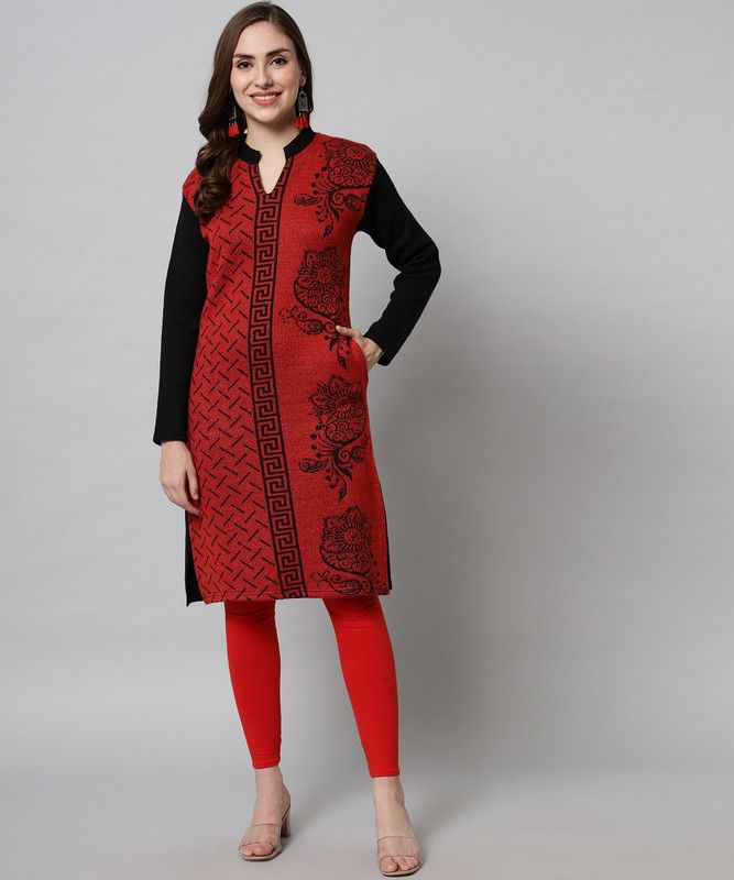 Women Printed Wool Straight Kurta  (Red)