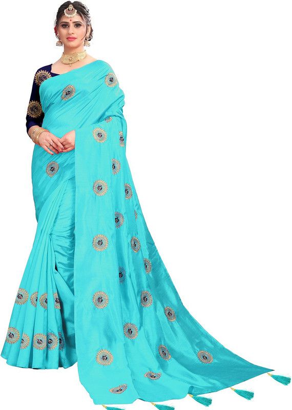 Embroidered, Embellished Bollywood Cotton Silk Saree  (Light Blue)