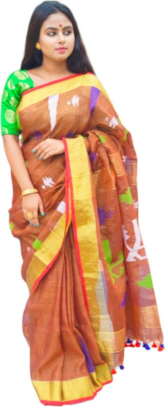 Printed Bollywood Linen Saree  (Brown)