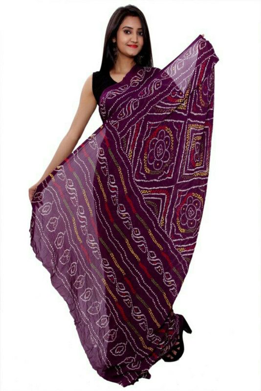 Printed Bandhani Georgette Saree  (Purple)