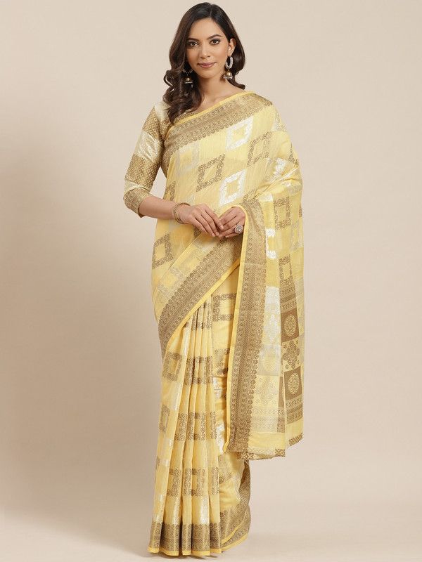 Woven Bollywood Cotton Blend, Linen Saree  (Yellow)