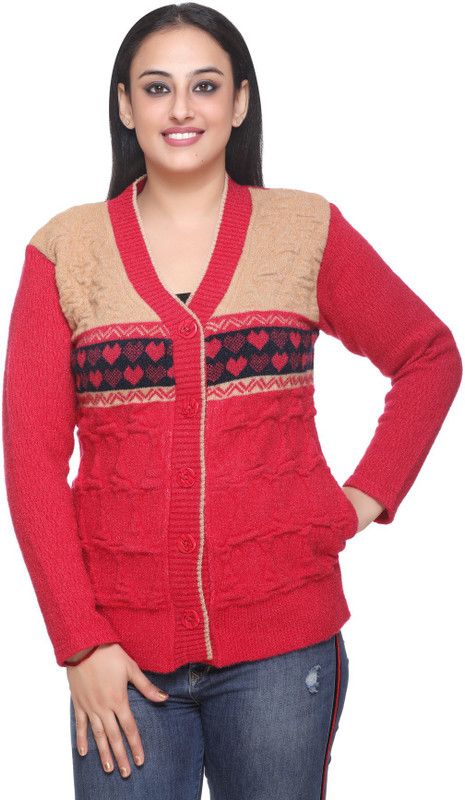 Women Woven V Neck Black, Red Sweater