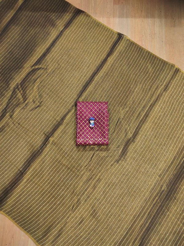 Striped Bollywood Tissue Saree  (Brown)