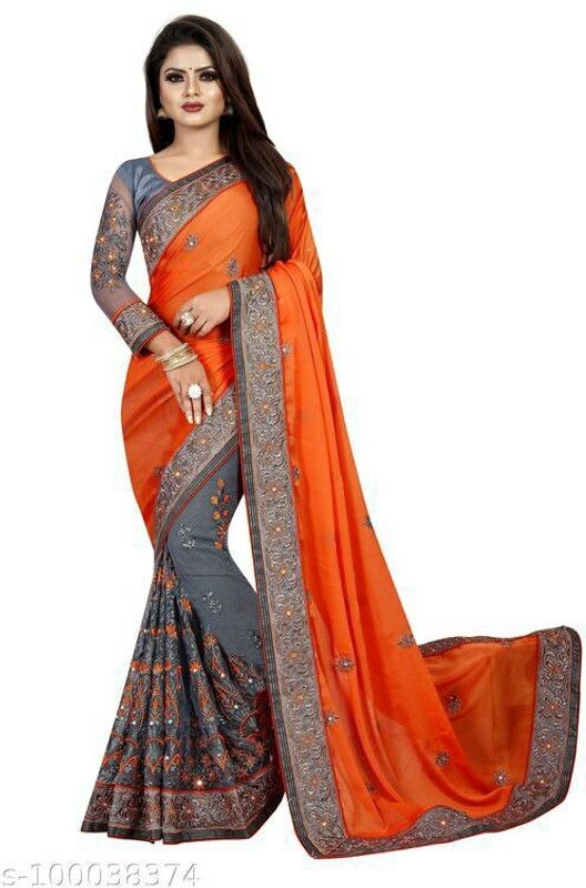 Embellished Assam Silk Satin Saree  (Orange, Grey)