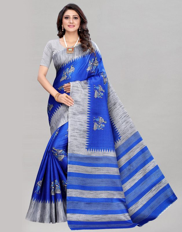 Striped, Geometric Print, Graphic Print, Printed Banarasi Cotton Silk Saree  (Blue, Grey)