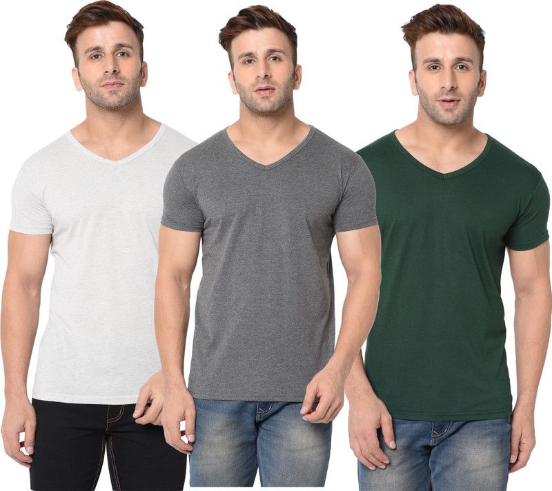 Pack of 3 Men Solid V Neck Cotton Blend Dark Green, Grey T-Shirt