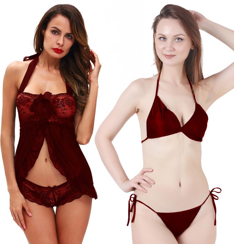 Babydoll Set Self Design Maroon Lingerie Set