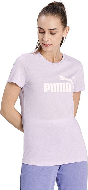 ESS Logo Heather Tee Women Printed Round Neck Polyester Purple T-Shirt