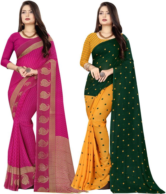 Printed Daily Wear Georgette Saree  (Pack of 2, Purple, Green, Yellow)