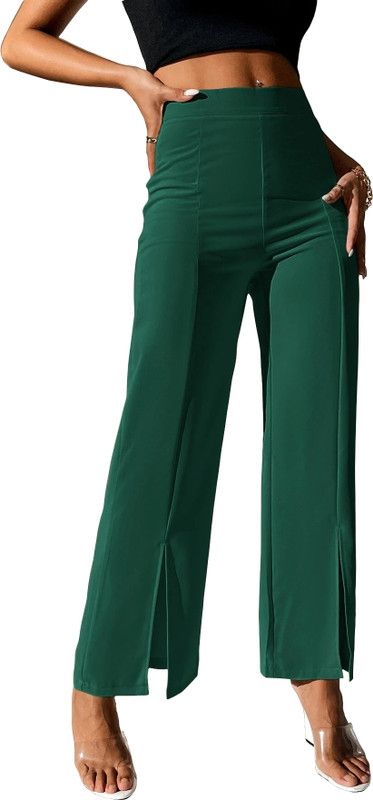 Women Slim Fit Dark Green Lycra Blend Trousers