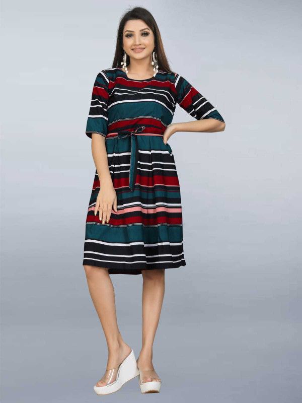 Women A-line Green, Black Dress