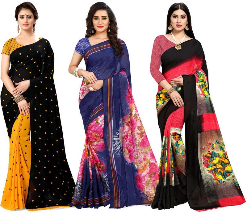 Printed, Graphic Print, Polka Print Daily Wear Georgette Saree  (Pack of 3, Blue, Black, Pink, Yellow)