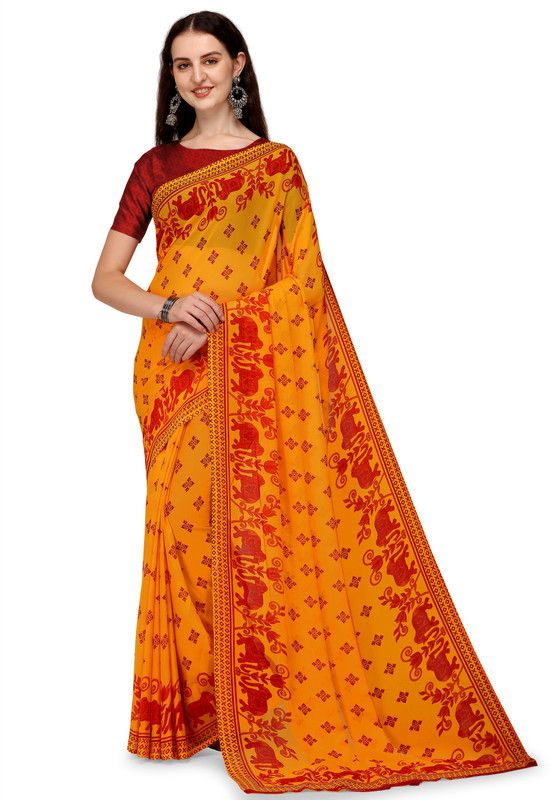 Fashion Georgette Saree  (Red, Yellow)