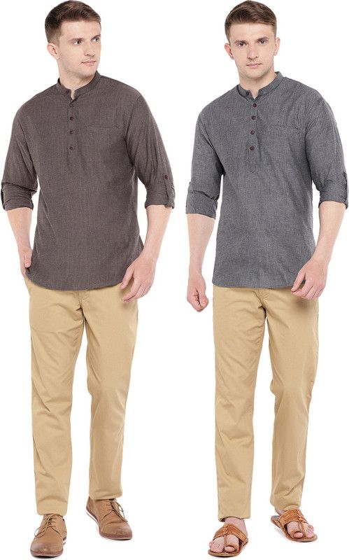 Pack of 2 Men Self Design Pure Cotton Straight Kurta  (Brown, Grey)