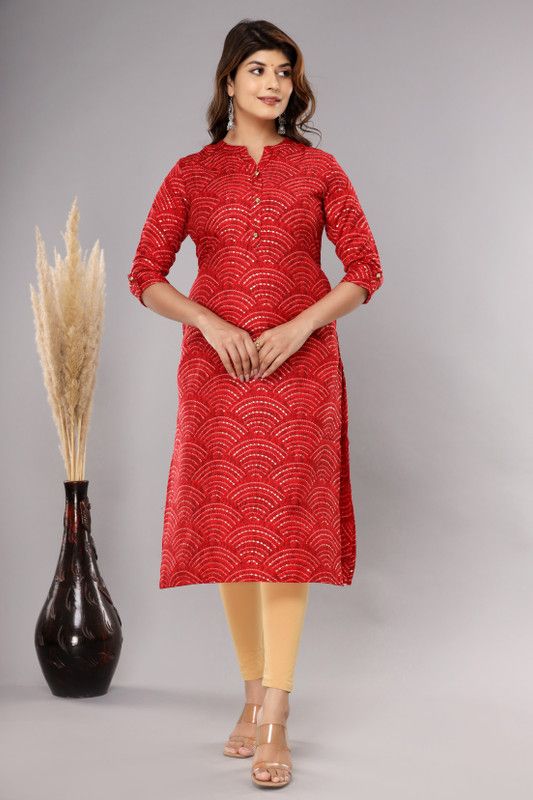 Women Geometric Print Cotton Rayon Straight Kurta  (Red)