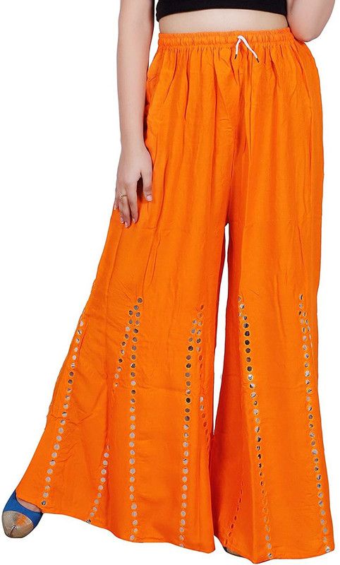 Women Flared, Relaxed Orange Cotton Blend Trousers