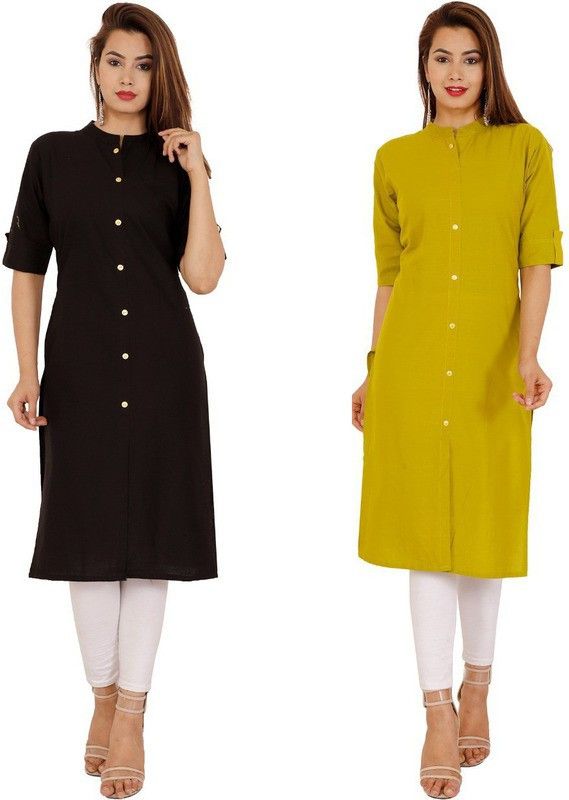 Pack of 2 Women Solid Cotton Blend Frontslit Kurta  (Green, Black)