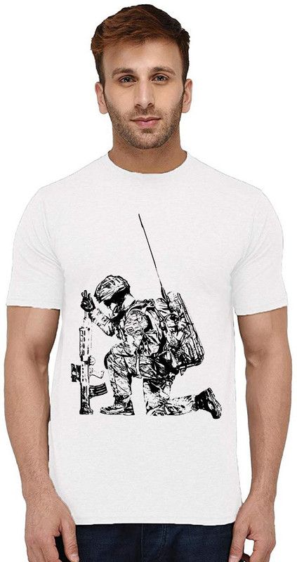 Soldier Life Men Printed Round Neck Pure Cotton White T-Shirt