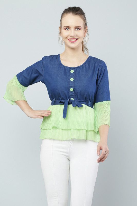 Casual Butterfly Sleeves Color Block Women Dark Green Top