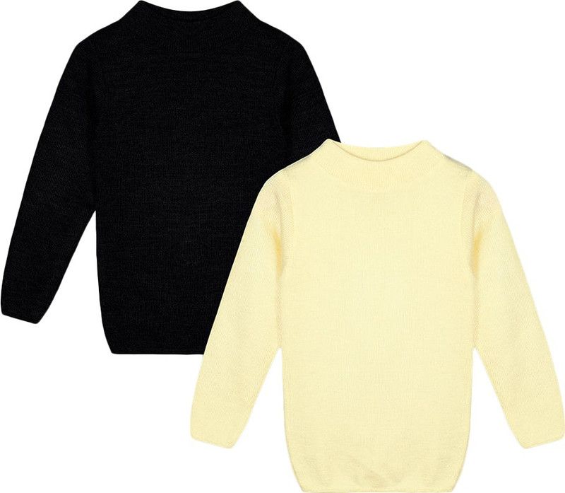 Baby Girls Solid High Neck Black, Yellow Sweater