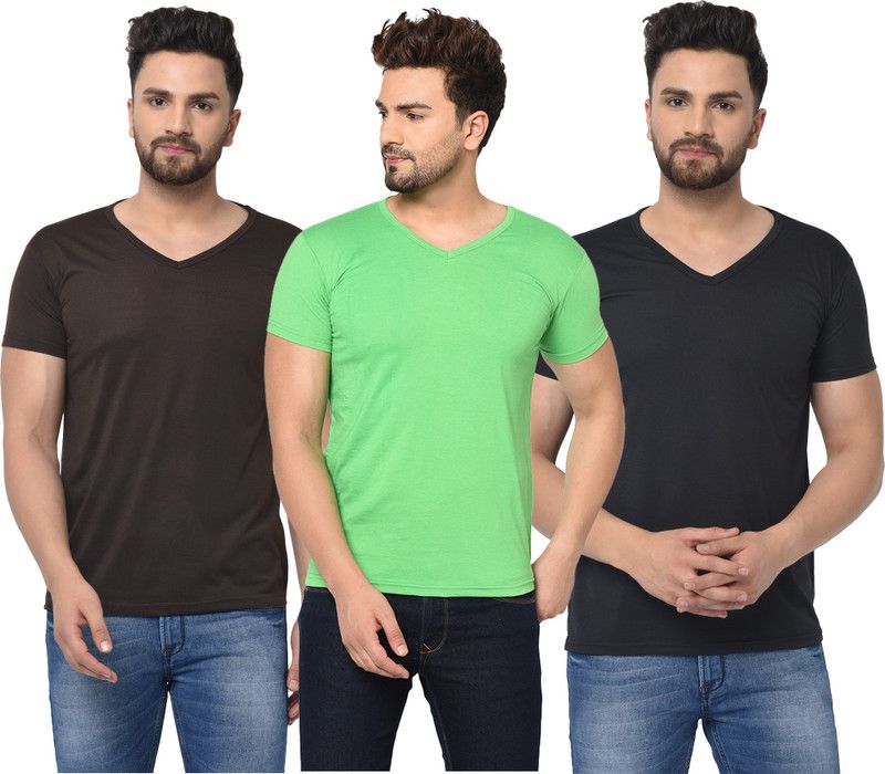 Pack of 3 Men Solid V Neck Cotton Blend Brown, Black, Light Green T-Shirt