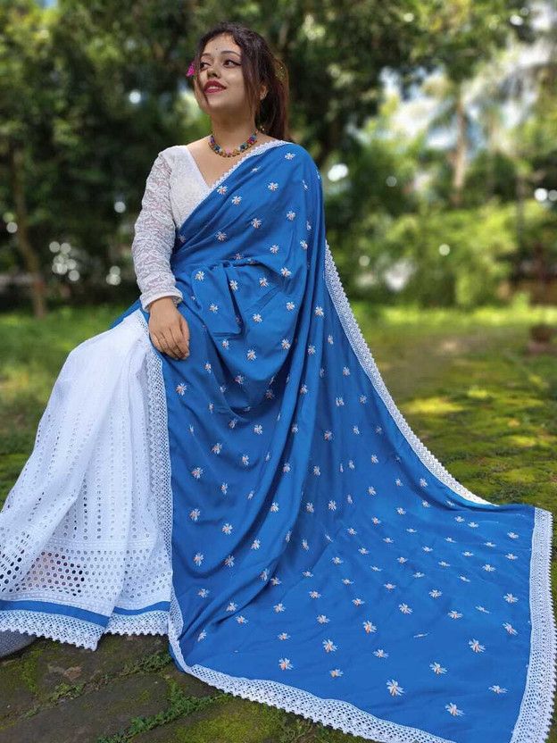 Self Design Bollywood Cotton Silk Saree  (White, Blue)