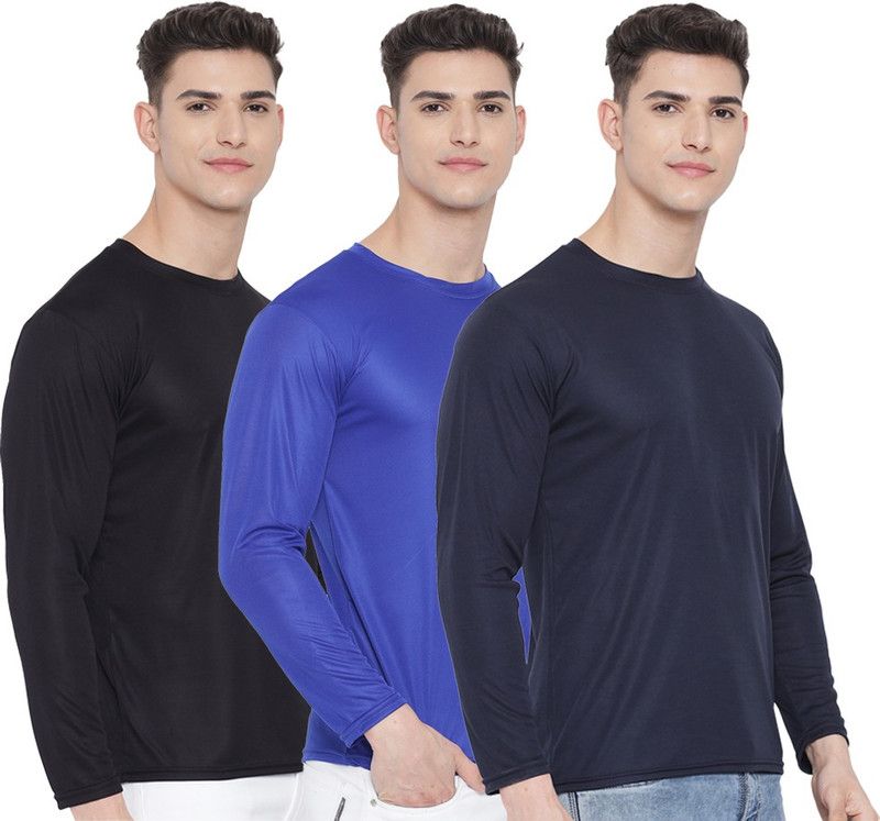 Pack of 3 Men Solid Round Neck Polyester Blue, Black, Navy Blue T-Shirt