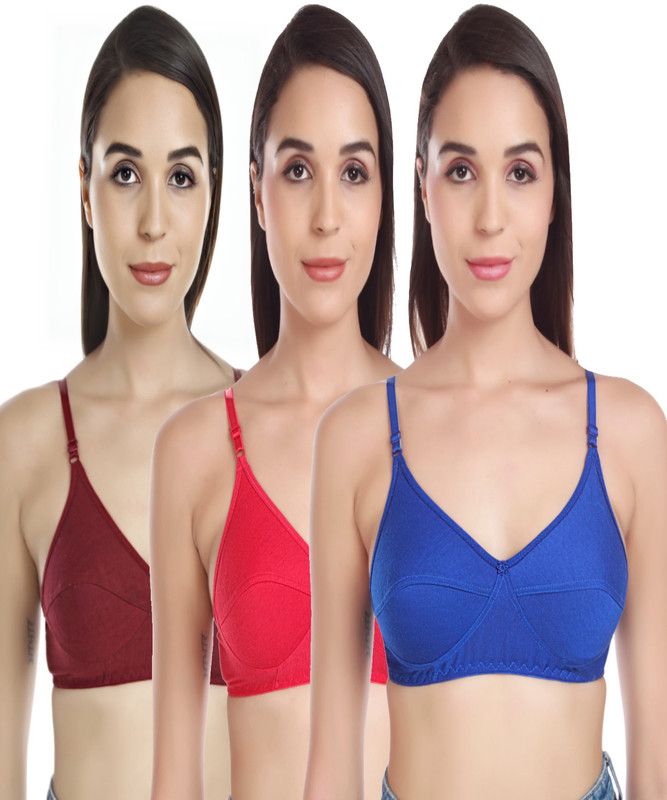Cotton Lycra Sports bra in Maroon, Gajri & Blue Color Pack of 3. Women Full Coverage Non Padded Bra  (Multicolor)