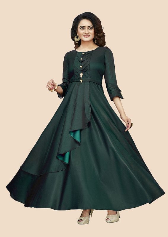 Embellished Satin Stitched Flared/A-line Gown  (Green)