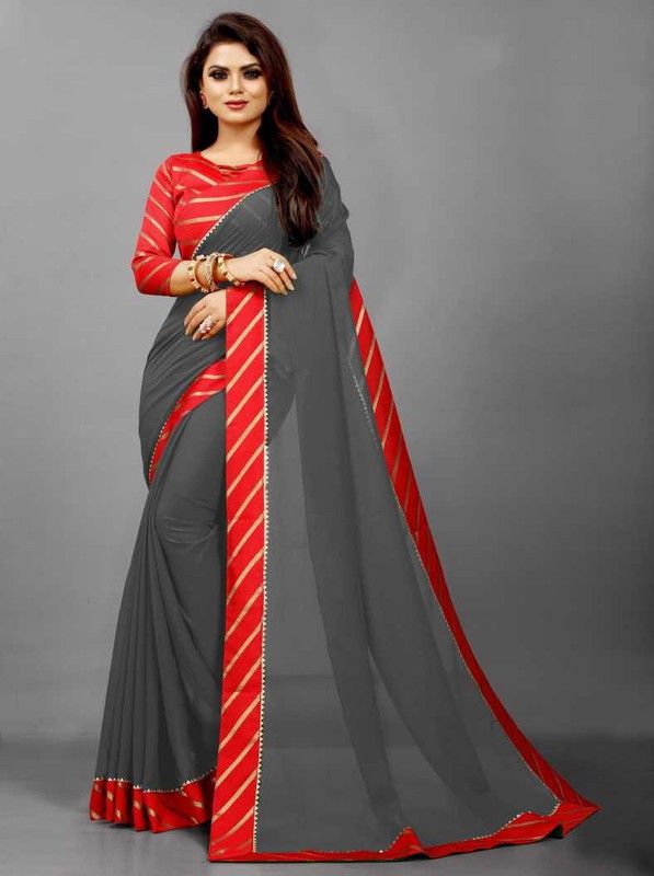 Solid Bollywood Art Silk Saree  (Red, Grey)