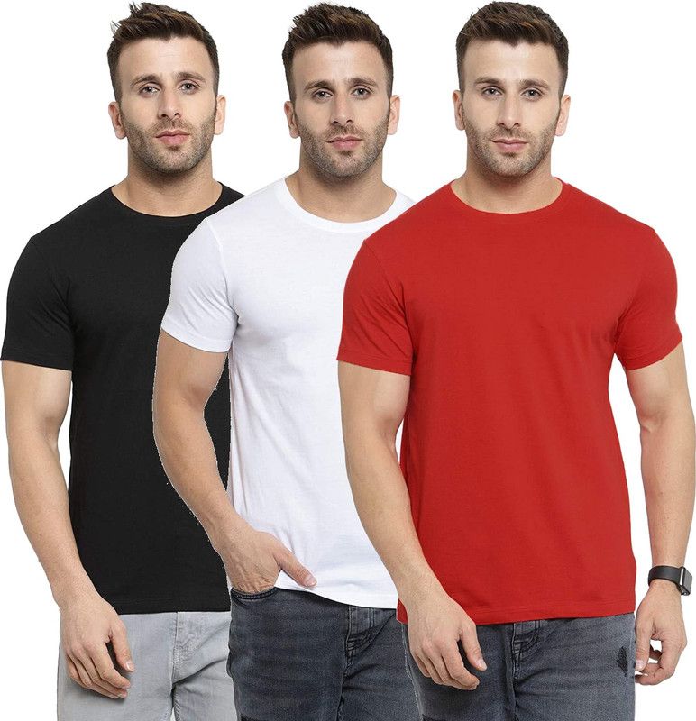Pack of 3 Men Solid Round Neck Cotton Blend Red, White, Black T-Shirt