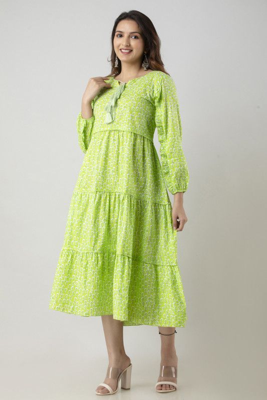Women Printed Pure Cotton Flared Kurta  (Light Green)