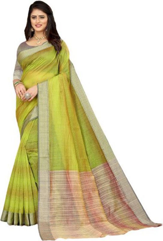 Solid/Plain Bollywood Cotton Blend Saree  (Green, Beige)