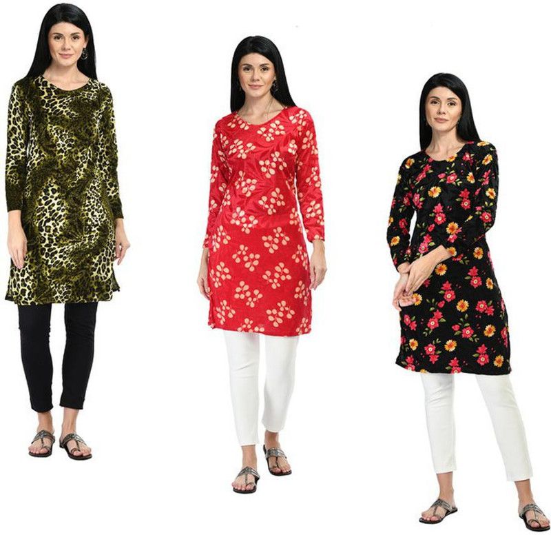 Pack of 3 Women Printed Velvet Straight Kurta  (Red, Green, Pink)