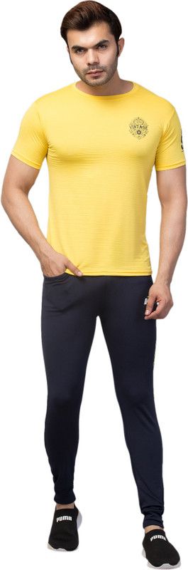 Men Top & Pyjama Set Yellow, Dark Blue Printed
