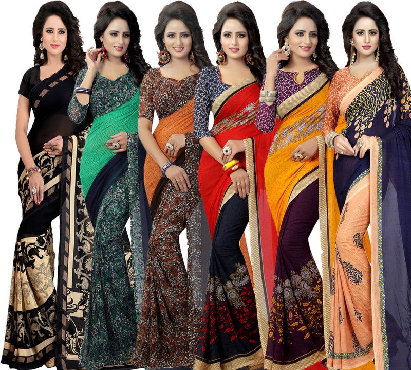 Printed Daily Wear Georgette Saree  (Pack of 6, Purple, Dark Blue, Red, Green, Black, Orange)