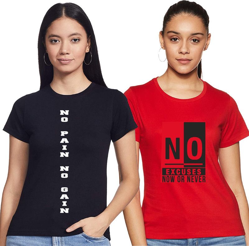 Pack of 2 Women Typography Round Neck Cotton Blend Red, Black T-Shirt
