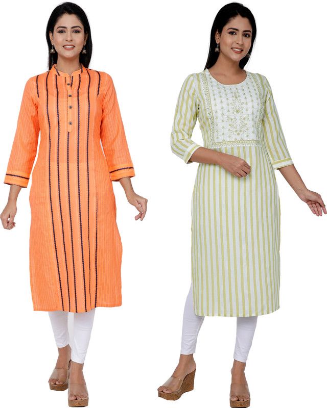 Pack of 2 Women Striped Cotton Blend Straight Kurta  (Green, Pink)