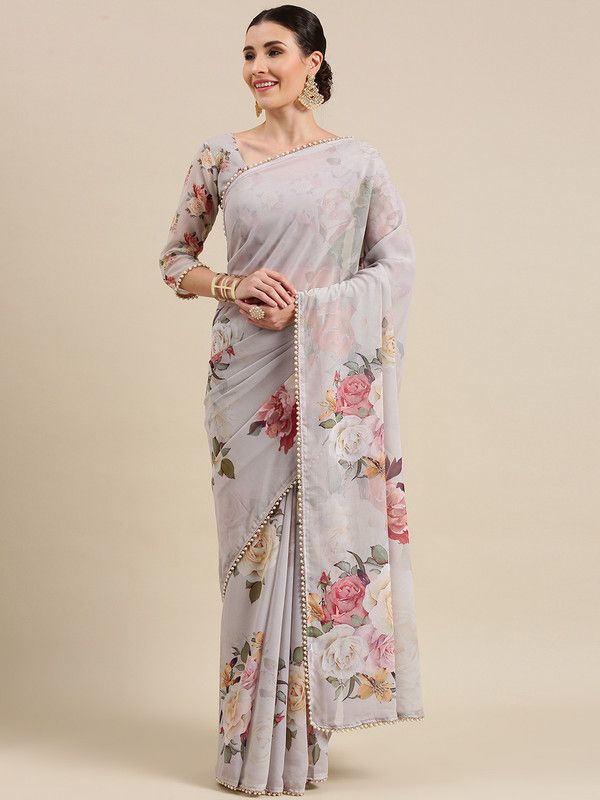 Digital Print Bollywood Georgette Saree  (Grey)