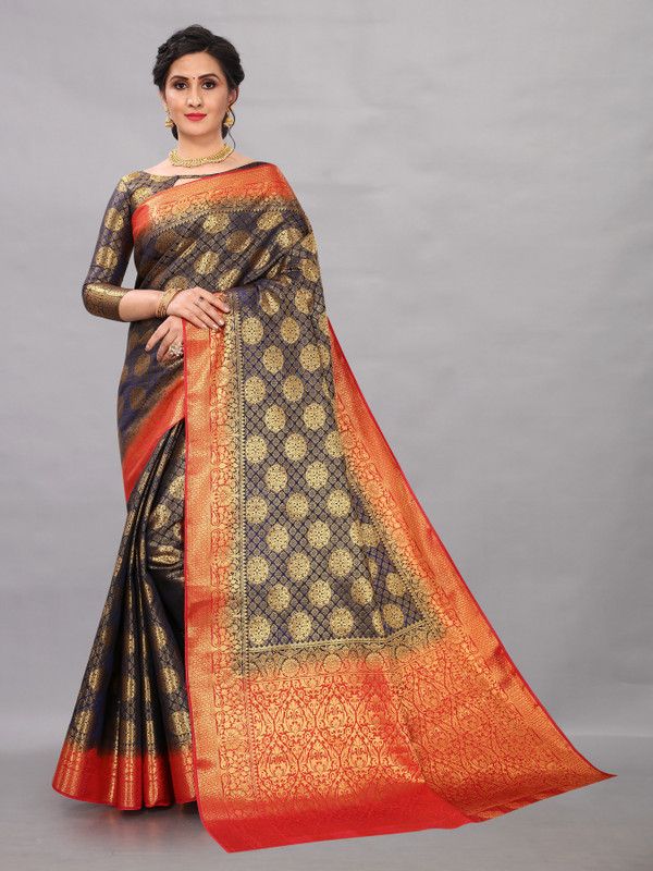 Woven Kanjivaram Nylon Saree  (Dark Blue)