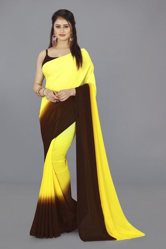 Ombre, Striped, Dyed Daily Wear Georgette Saree  (Yellow, Brown)
