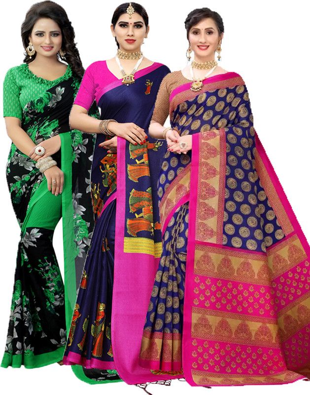 Printed Bollywood Chiffon Saree  (Pack of 3, Green, Pink, Dark Blue)