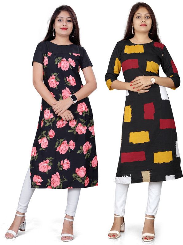 Pack of 2 Women Floral Print, Colorblock Cotton Crepe Blend Straight Kurta With Attached Dupatta  (Multicolor)