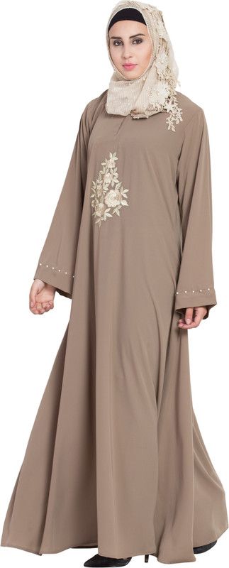 MRC MRC012A Aline Embroidered(M) Poly Crepe Solid Abaya With Hijab  (Beige)