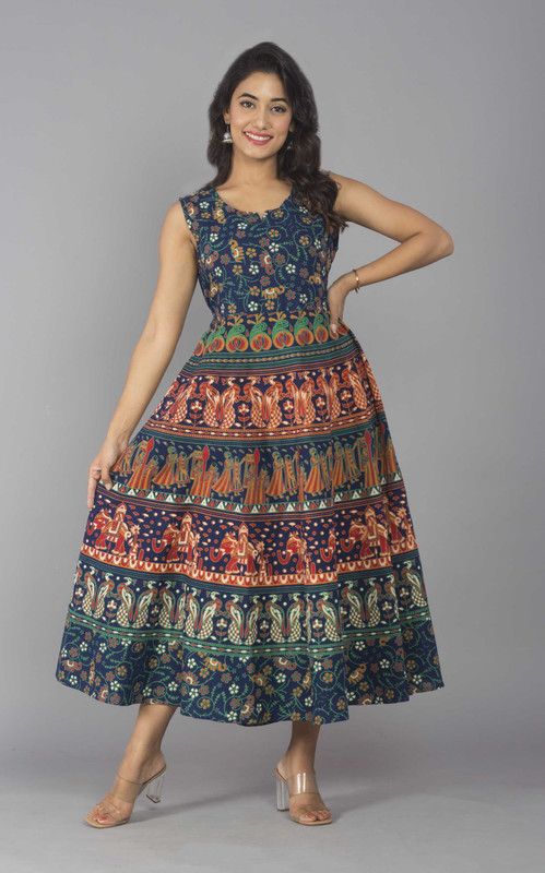 Animal Print Pure Cotton Stitched Flared/A-line Gown  (Multicolor)