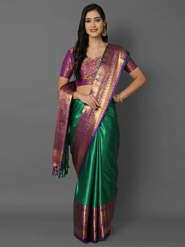 Embellished Mekhela Chador Cotton Silk Saree  (Green)